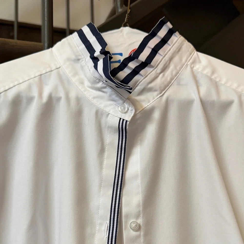 Women's Button-down Ruffle-Collar Blouse with Navy Trim - Picture 3 of 5